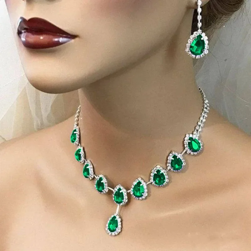 

2023 New Green Crystal High Quality Necklace Bridal Wedding Shining Accessories European and American Style Personality Jewelry