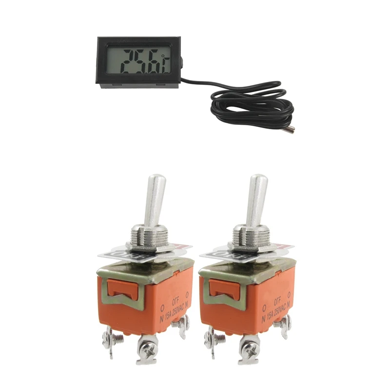

2 Pcs AC 250V 15A Amps ON/OFF 2 Position DPST Toggle Switch & 1X Digital LCD Thermometer Temperature Gauge Probe Sensor