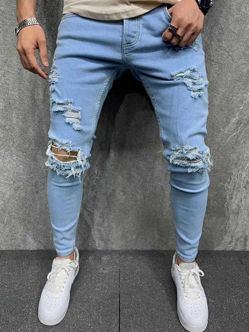 Spring and Autumn 2022 new men's solid color ripped jeans men's slim exercise bundle feet long pants men