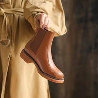 newcurve ankle boots women genuine cow leather round toe elastic band thick bottom chelsea boot women shoes female work boots