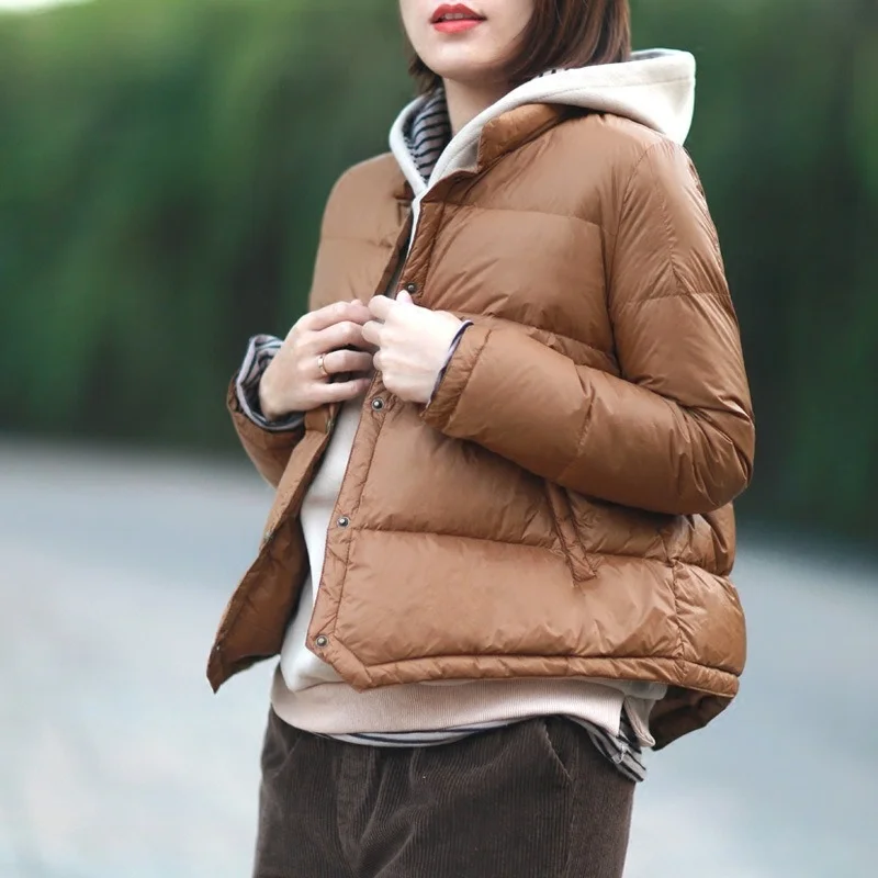 Fashion Autumn Winter Solid Colors Down Coats Women Stand Collar Single Breasted Short Light and Thin Coats Chic Casual Outwears