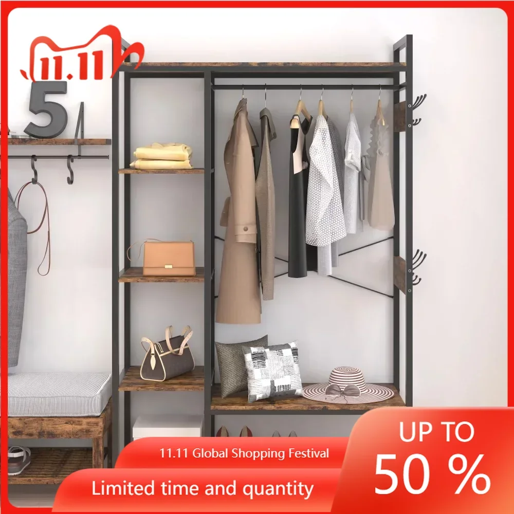 

Freestanding Clothes Rack With Storage and Hanging Rod Hooks to Hang Clothes in Closet Organizer Holders Cloth Hanger Swifter