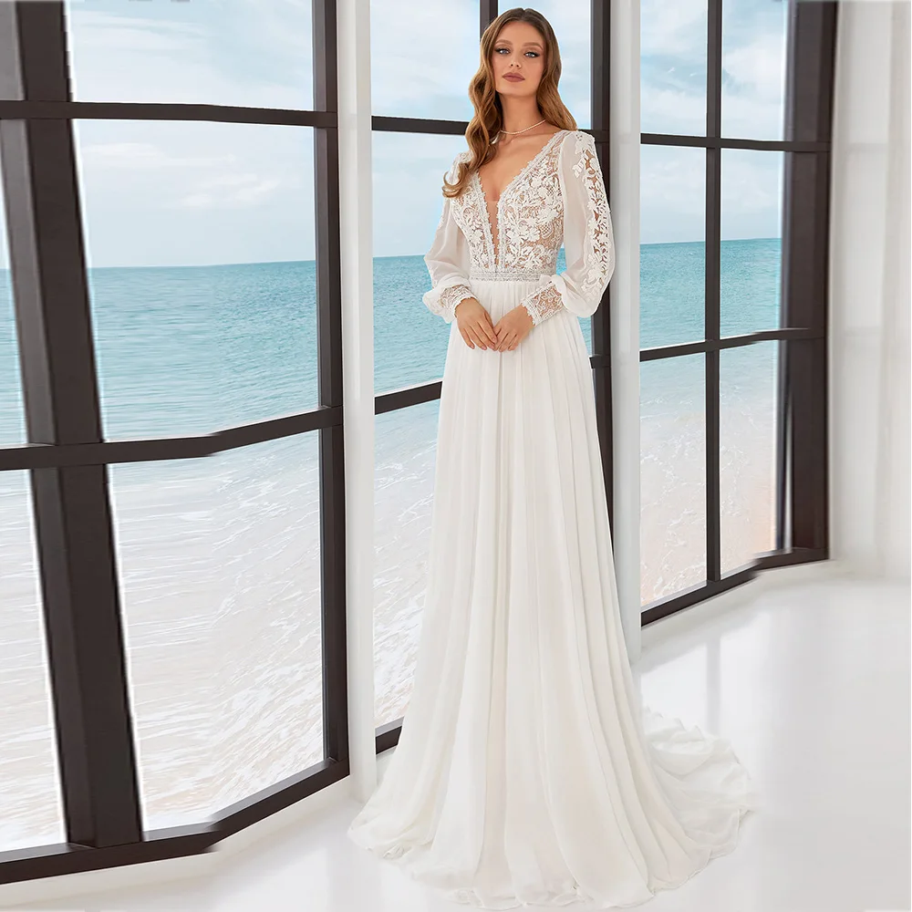 

Sexy Cut Out Wedding Dresses 2022 V-Neck Long Sleeveless Chiffon Dress Beach Appliques Lace Backless Party Bridal Gowns Vestido