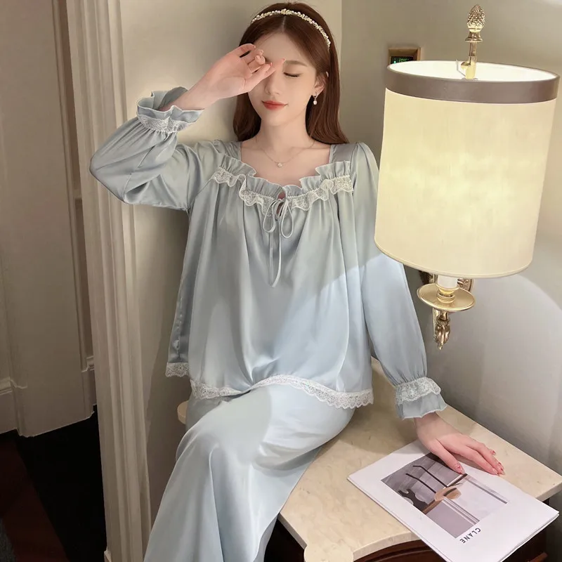 Lace princess cute ice silk pajamas suit female sweet court style pajama set