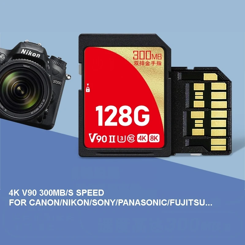 Enlarge SD Card V90 U3 C10 32GB 64GB 128GB 256GB Camera Memory Card UHS II 300MB High Speed 4K 8K Double Golden Finger