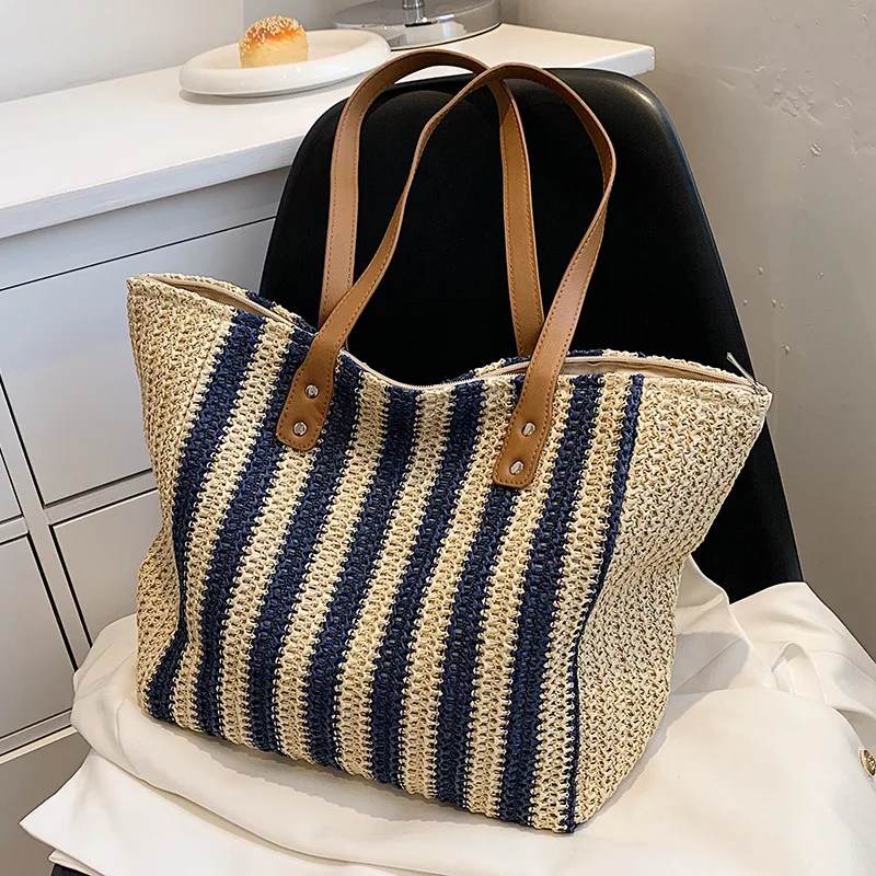 

Summer Striped Straw Bag Women Woven Shoulder Handbag Rattan Handmade Beach Bag Large Capacity Totes Shopping Handbag PurseBolso