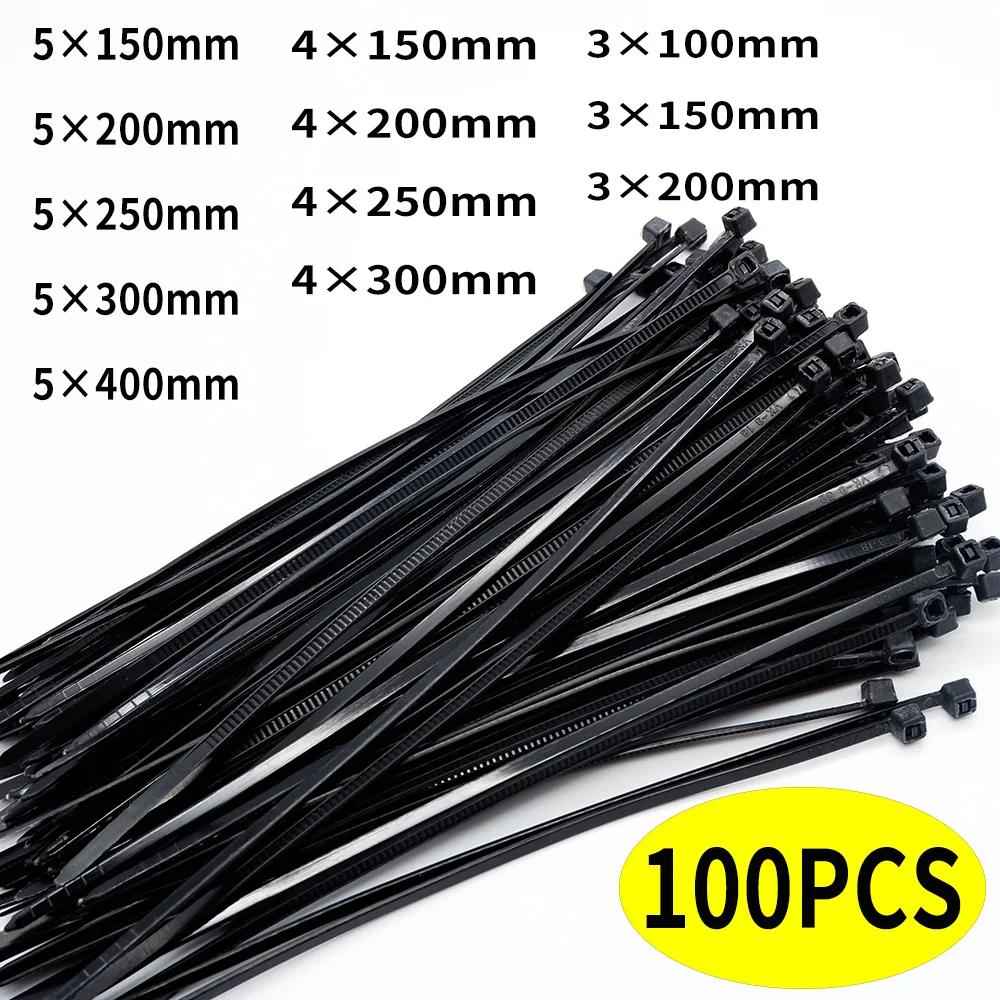 

100Pcs/Bag Cable Ties Self-locking Plastic Fixing Straps Nylon Black Wire Cables Organizer Industrial Cable Ties Fastening Ring