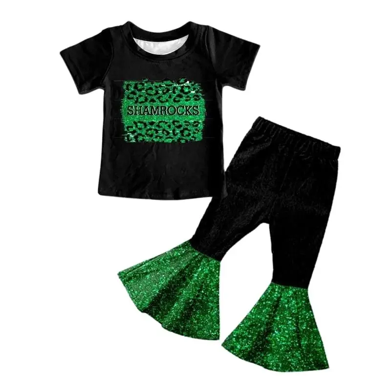 

Letter Print Green Leopard Sequins Black Short Sleeve Flared Pants Set Summer Boutique Girls Clothing