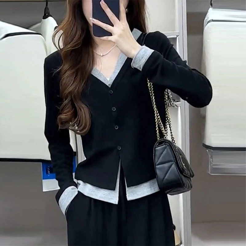 Женские рубашки с V-образным вырезом имитация 2 шт. Осенние пикантные пряные