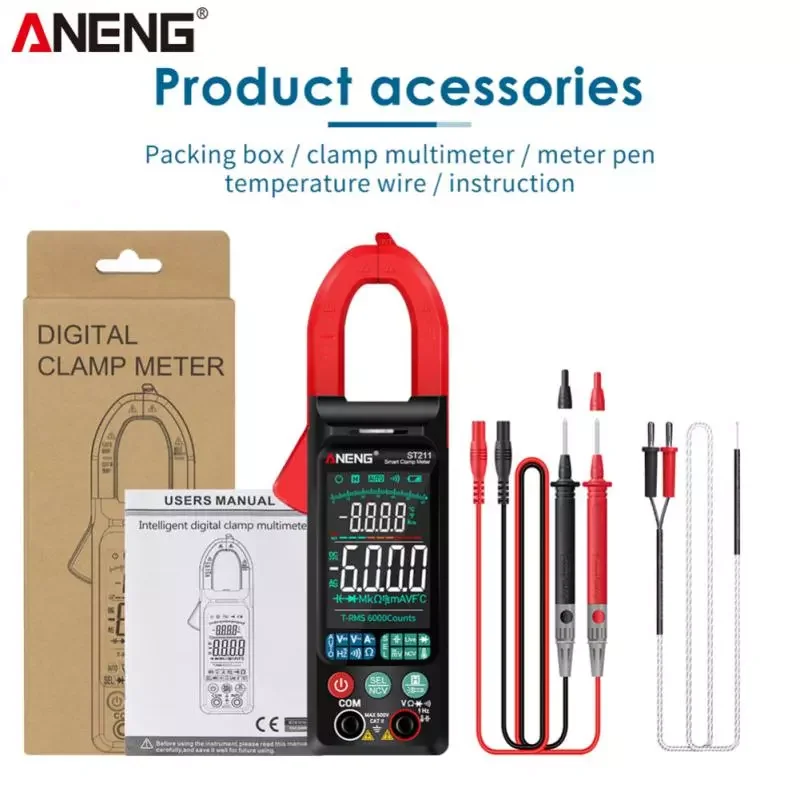 

ANENG ST211 Digital Clamp Meter Multimeter 6000 Counts AC DC Voltage Current Tester Car Amp Hz NCV Ohm Big Color Screen Test