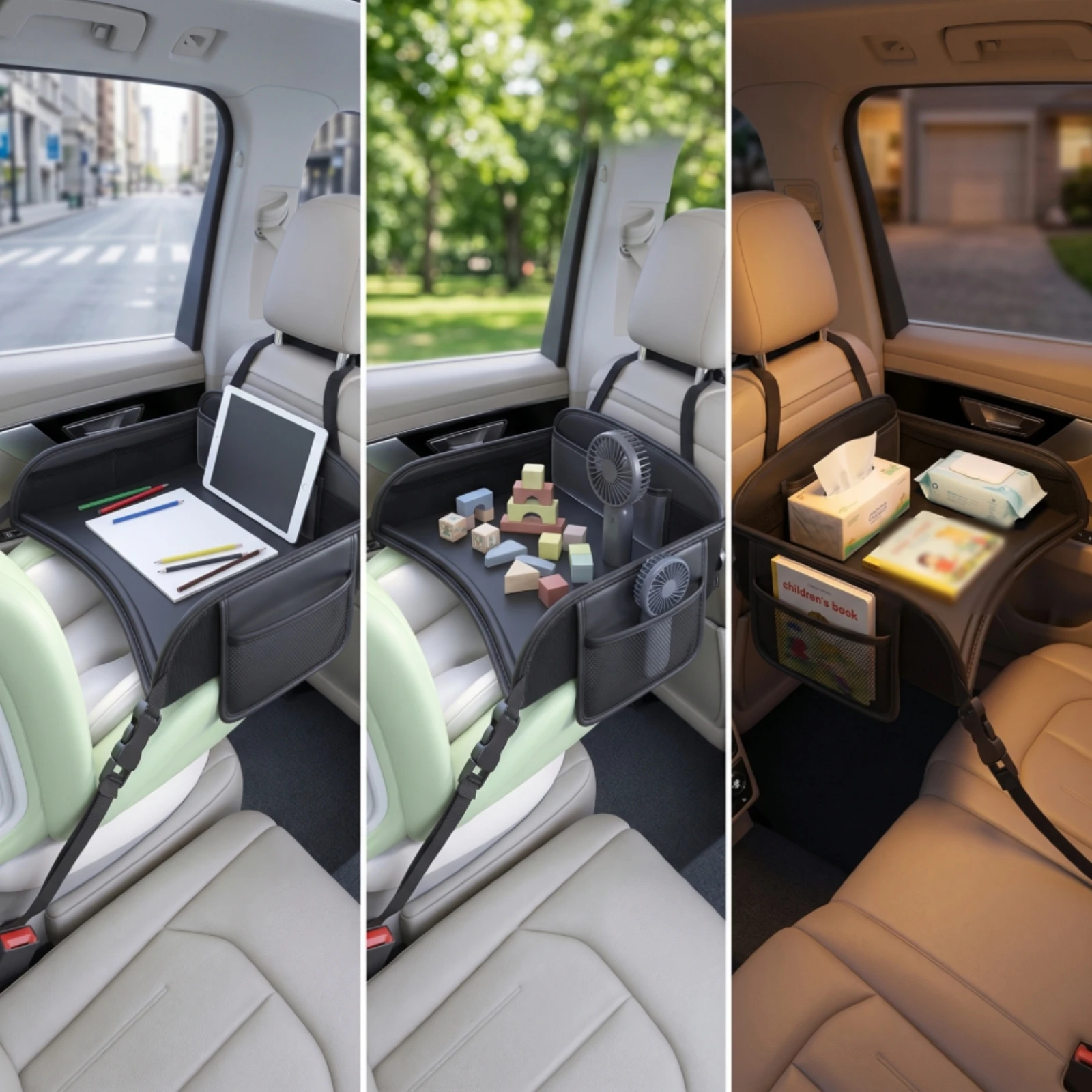 Фото Органайзер на спинку сиденья с подносом, портативный автомобильный органайзер на заднее сиденье с подносом, долговечный, легко чистится, для малышей, для поездок на дальние расстояния №3