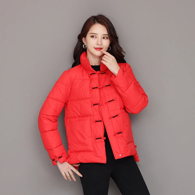 Retro Fashion Ethnic Style Down Jacket Women Vintage Buckle Winter Parkas Padded Jackets Warm Cotton Coat 2023 Puffer Jackets
