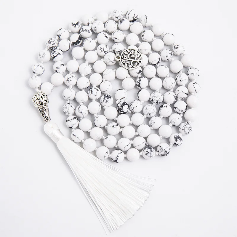 

8mm Natural White Howlite Knotted 108 Mala Beaded Necklace Meditation Yoga Prayer Beads Japamala Rosary Tassel Jewelry for Women