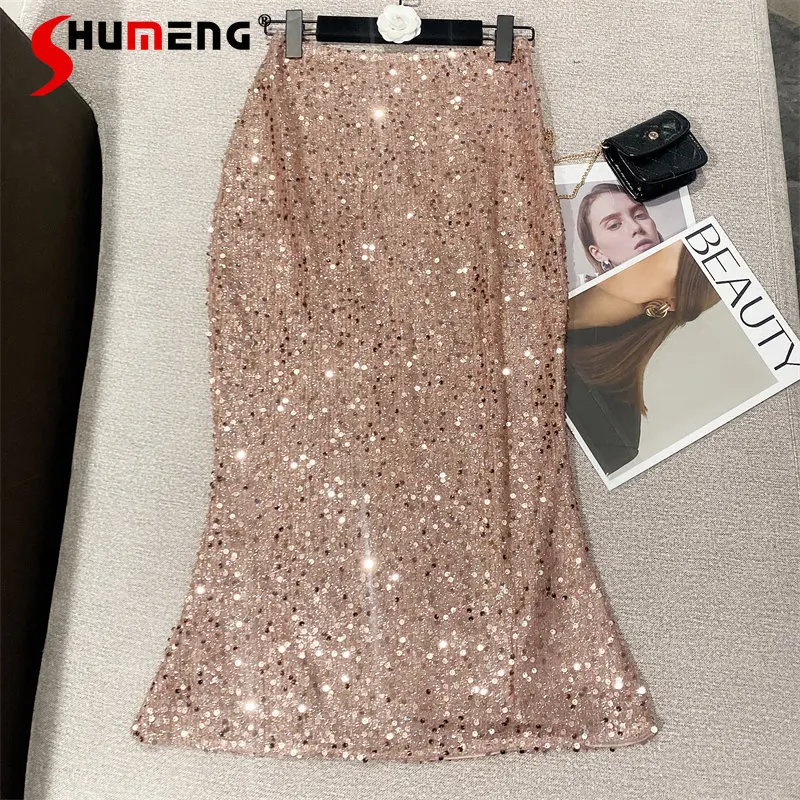 

2023 Spring Summer New Sexy Socialite Versatile Pink Sequin Chiffon High Waist Slimming Fishtail Skirt Female Mid-length Skirt