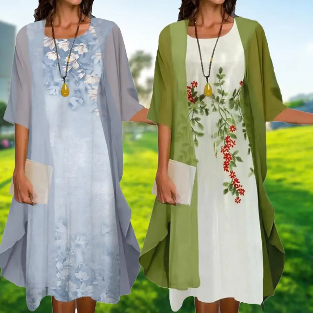 

1 Set Stylish Midi Dress Set Floral Print Bohemian Two-Piece Vintage Chiffon Midi Dress Set
