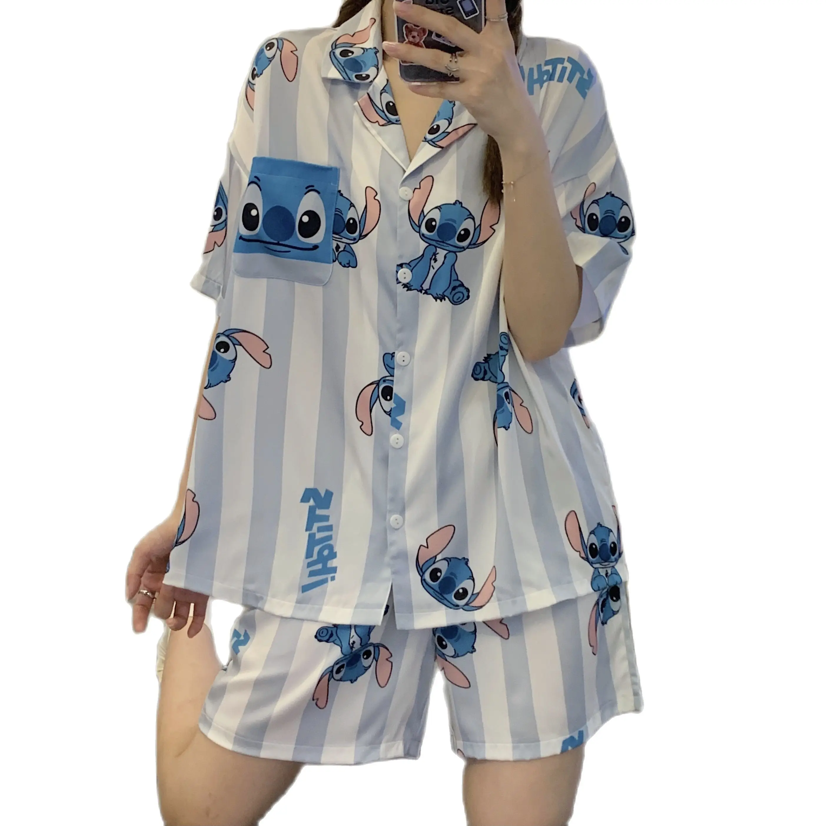 Disney Stitch Silk Pajamas Sets High-quality Luxury Women's Stain Pajama Summer Short-sleeve Cardigan Set Ice Silk Home Suit