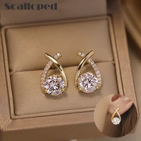scalloped luxury cross zircon stud earring bright crystal elegant women korean fashion brand jewelry temperament ear accessories