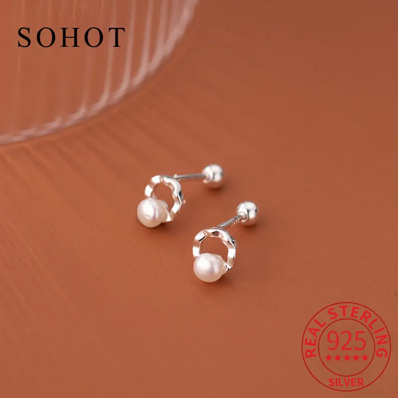 

Classic Real 925 Sterling Silver Pearl Hollow Round Bead Screw Stud Earrings For Fashion Women Fine Jewelry Cute Accessories
