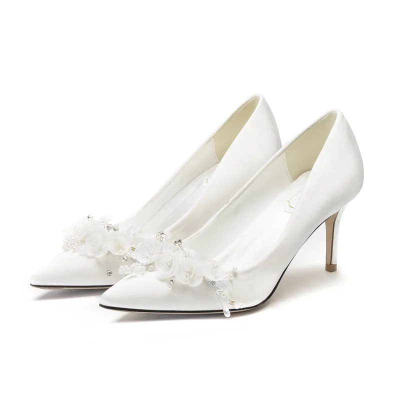 Wedding Shoes Women Bride Main Dress Pumps White Satin Stiletto High Heels Chiffon Flower Pointed Toe Slip-on Large Size 32-43