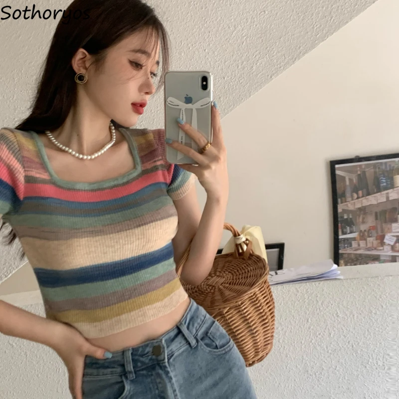 

Crop T-shirts Women Slim Sexy Design Striped Simple Chic Knitted Elegant Ulzzang Hot Girls Daily Retro Streetwear Sweet Summer