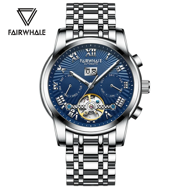 MARK FAIRWHALE Luxury Men Watch Automatic Sport Wristwatches Coated Glass Luminous Solid Stainless Steel Strap Genuine Belt