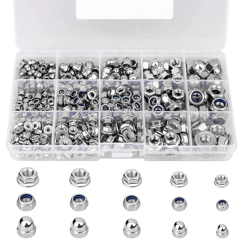 

385Pcs Lock Nut Assortment Hex Flange Nuts M3 M4 M5 M6 M8 Stainless Steel Insert Nylon Locknut Metric Fastners Assorted