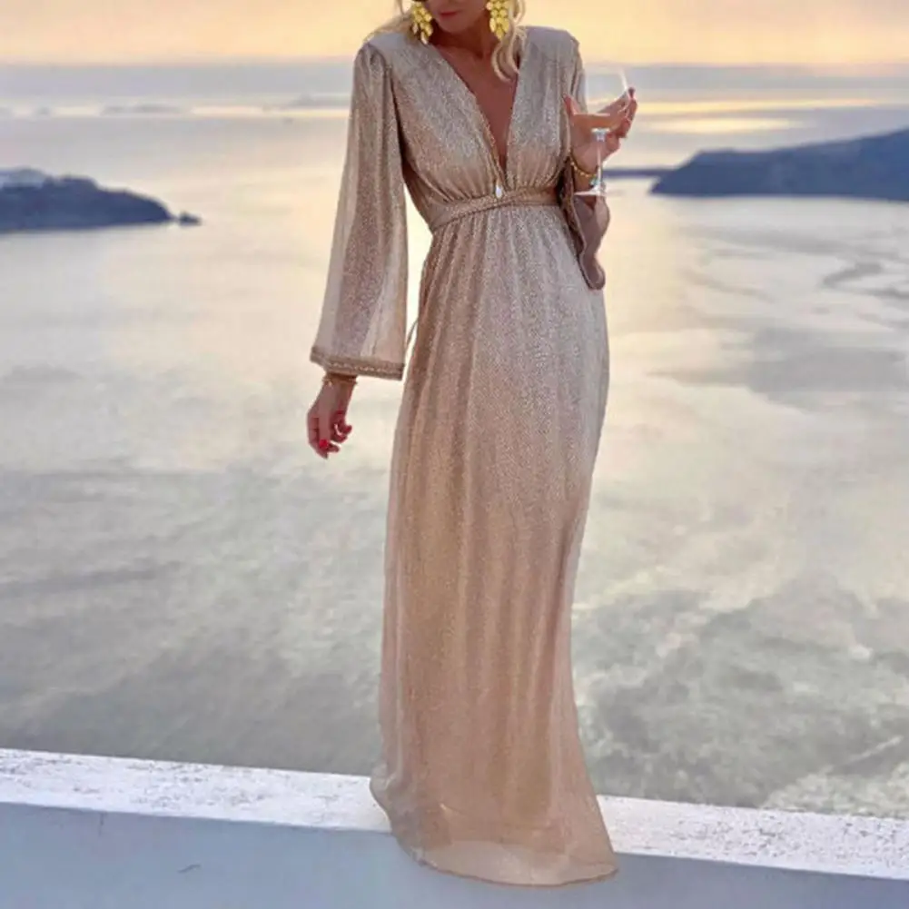

Deep V Neck Long Sleeve Waist Tight High-Waist Floor-Length Evening Dress Shiny Sequins Mesh Party Maxi Dress Female Clothing