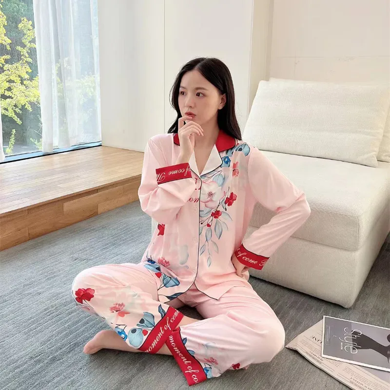 2023 New Women's Spring Pajamas Suit Women's Thin Ice Silk Home Wear Long-Sleeved Trousers