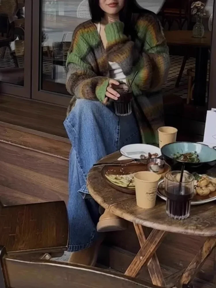 Женский трикотажный свитер в полоску свободный Универсальный кардиган стиле