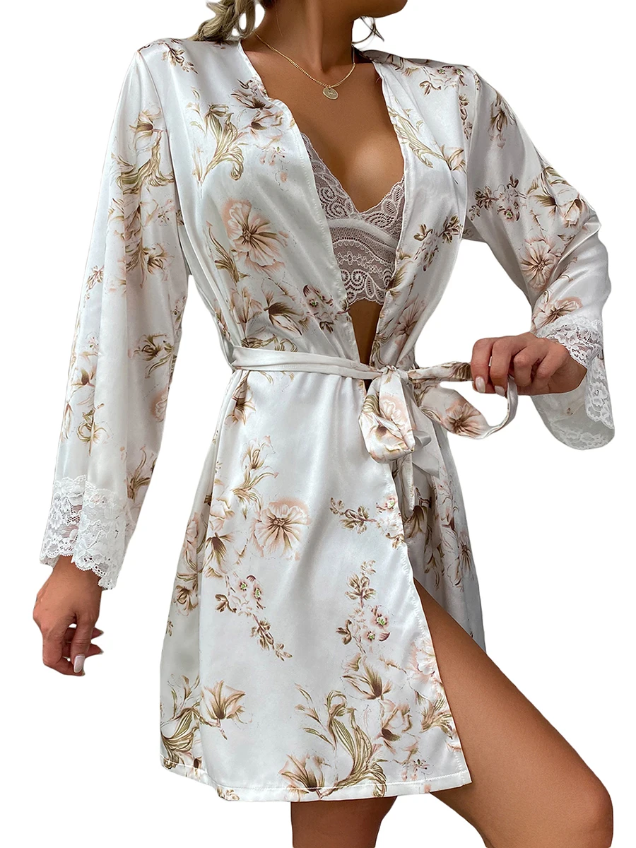 

Женское кружевное кимоно в стиле пэчворк с длинным рукавом, банный халат и кружевной бюстгальтер, шорты для сексуальной пижамы, комплект из 3 предметов