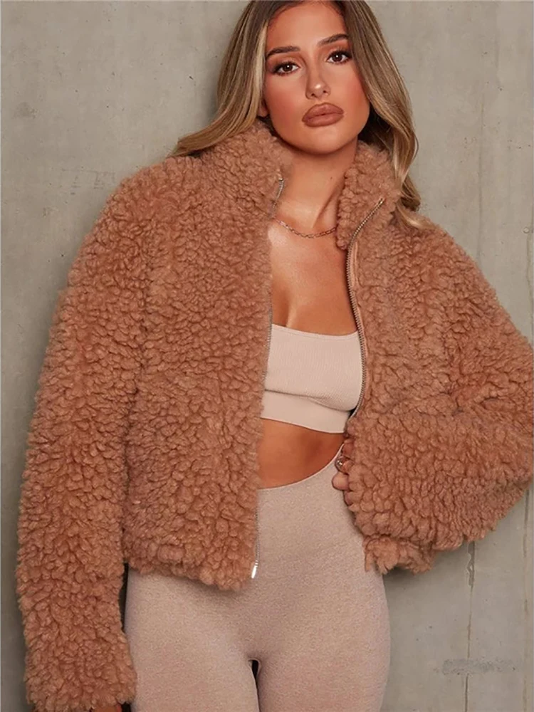 Women Winter Thicken Warm Teddy Fur Jacket Coat Casual Fashion Zipper Pocket Long Sleeve Loose Outerwear Female Ins Hot Sale Top