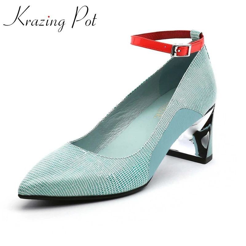 

Krazing Pot new cow split leather pointed toe high heels European style mature young lady daily wear ankle strap women pumps L15