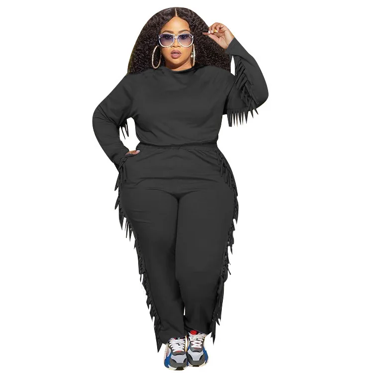 Plus Size Women's Two-piece Sets 2023 New Solid Color Tassel Hooded Casual Pants Fashion Elegant Pullover Top Trousers Outfits
