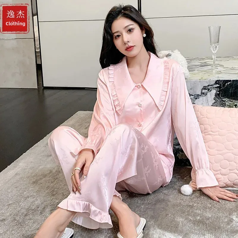 Новые весенние шелковые пижамы женские кукольные воротники жаккардовые красные