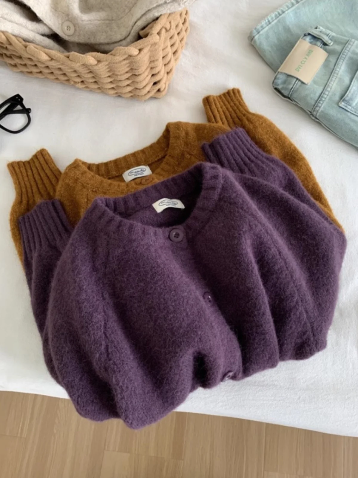 European Goods High-Grade Purple round Neck Raccoon Velvet Sweater Outerwear Women Autumn and Winter Soft Glutinous Idle Sl...