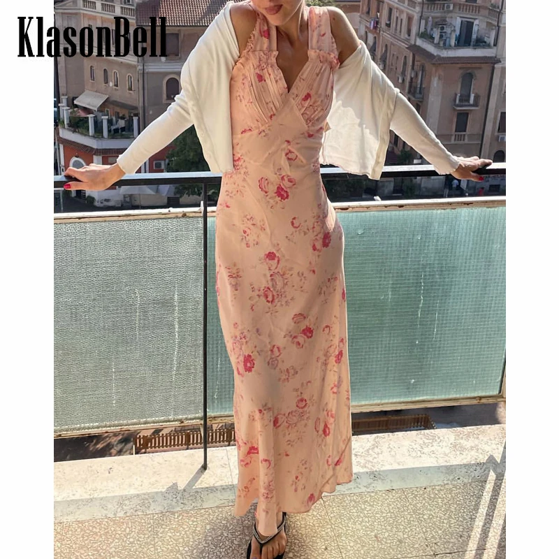 7.8 KlasonBell Holiday Elegant Sexy Backless V-Neck Ruffle Floral Print Silk Slim Long Dress Women