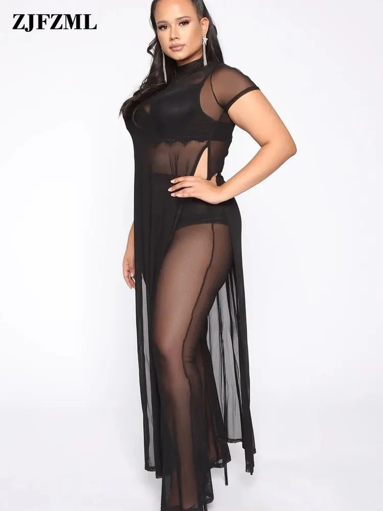 

Прозрачные сетчатые прозрачные женские комплекты, летняя праздничная одежда 2023, комплект с коротким рукавом и высоким разрезом сбоку, накидка, платье + штаны с колокольчиком