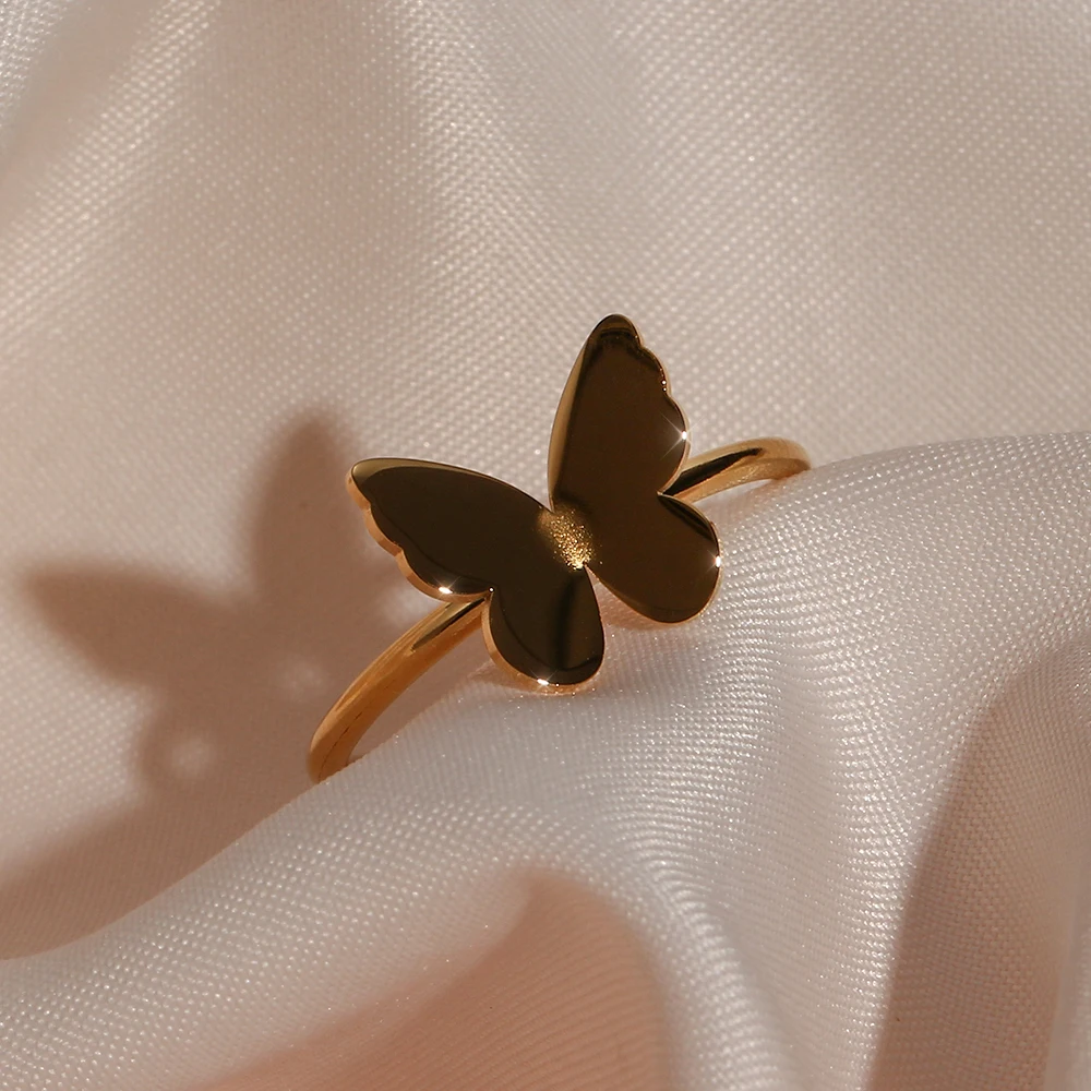 

2021 New Romantic Thin Ring Band Tarnish Free Jewelry Stainless Steel 18K Gold Plated Gold Butterfly Rings For Women