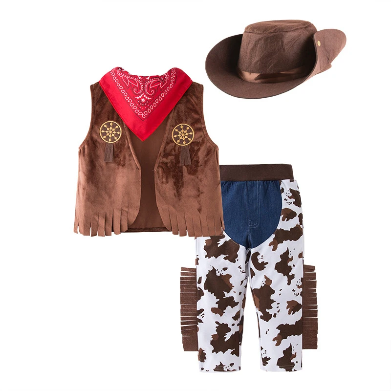 

Baby boy Kids Toddlers Halloween costume cowboy 5-pc suit purim event Holiday outfits Hat Scarf Shirt waist coat Pants
