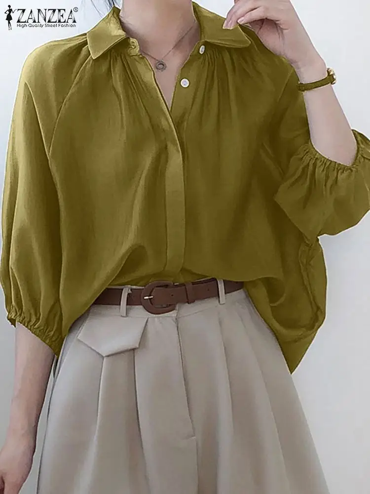 

Блузка ZANZEA женская с коротким рукавом, Модная элегантная уличная одежда на пуговицах, Офисная Повседневная однотонная туника с воротником ...