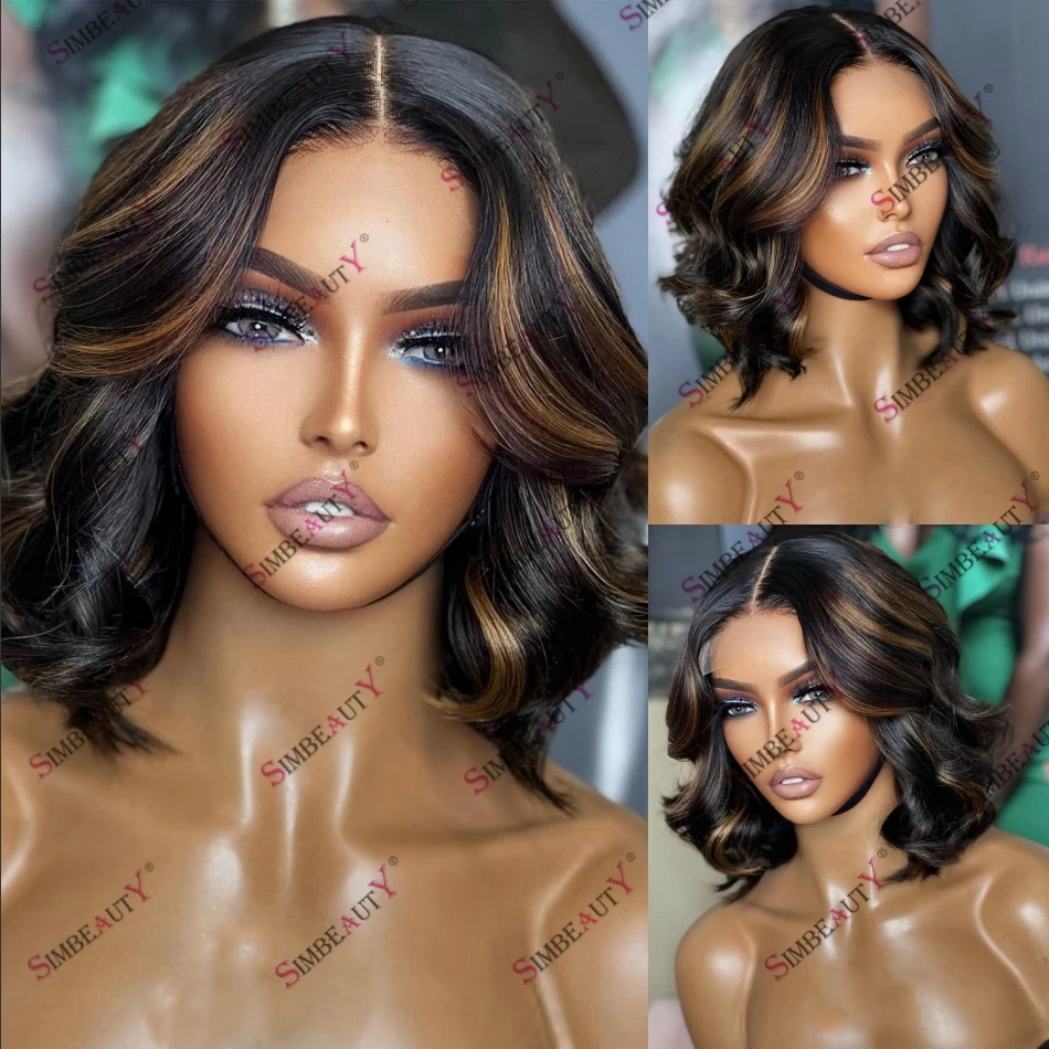Short Bob Wavy Highlight Medium Auburn Brown Remy Indian Human Hair 13x6 Lace Front Wig for Black Women 360 Lace Bob Style Wig