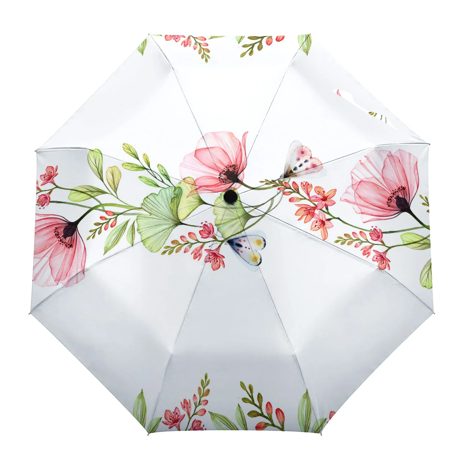 

Poppy Flower Butterfly Plant White Summer Umbrella for Travel Outdoor Male Female Rain Umbrella Fully-automatic Printed Umbrella
