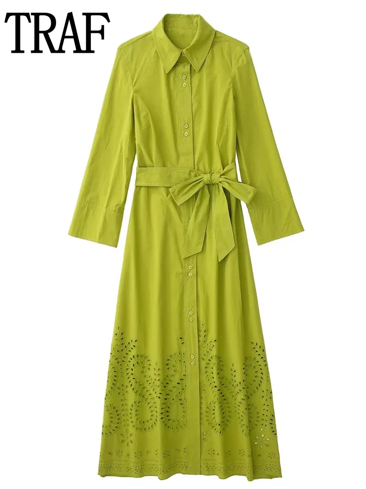 

Платье женское длинное зеленое с вышивкой, длинным рукавом и поясом