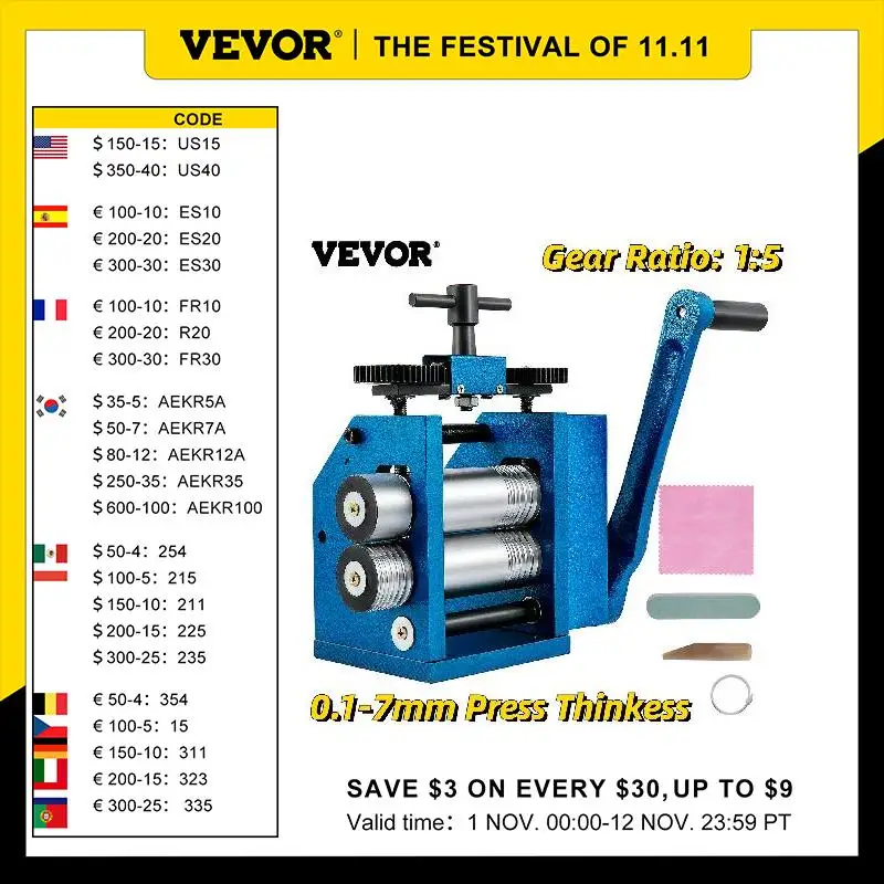 

VEVOR 4.4Inch Sheet Manual Combination Jewelry Rolling Mill Square Semicircle Jewelry Press for Gold & Silver Nuggets Pressing