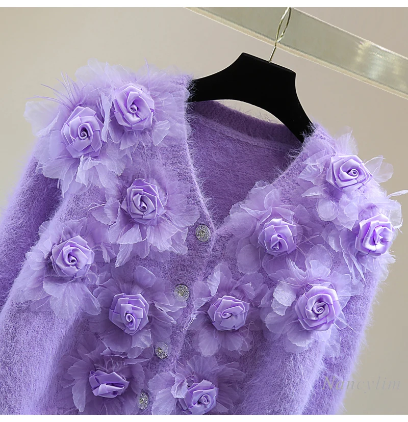 Фиолетовый кардиган для женщин вязаный из мохера с v-образным вырезом и цветочным