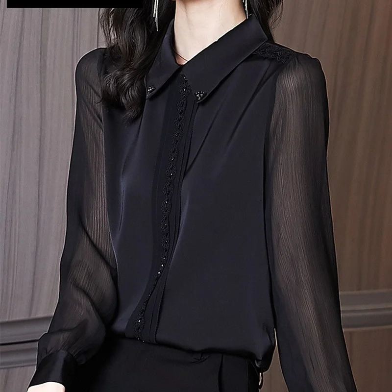 

Блузка женская шифоновая с длинным рукавом, Повседневная модная рубашка-поло с прострочкой, однотонная свободная одежда, лето