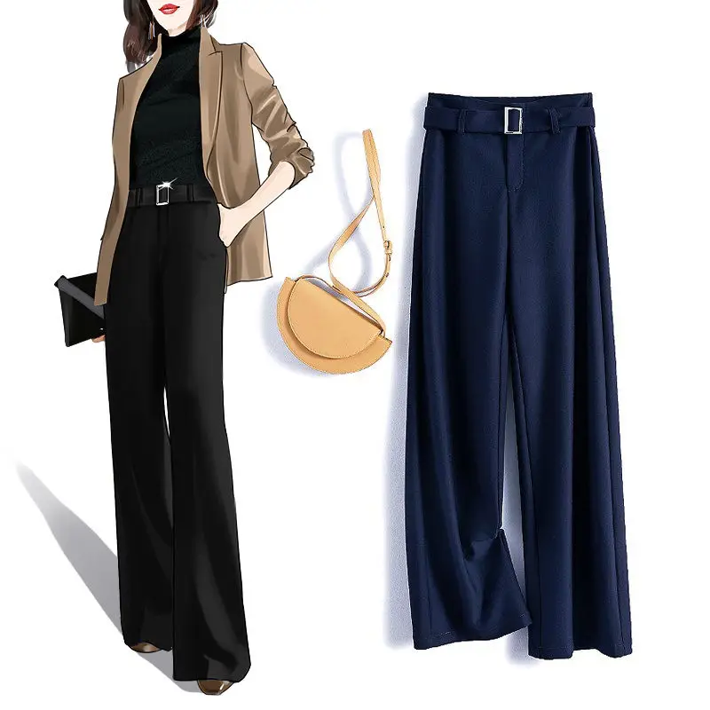 

2022 Spring Summer Women's Fashion Loose Suit Pants Female High Waist Wide Leg Pants Ladies Solid Color OL Long Trousers T37