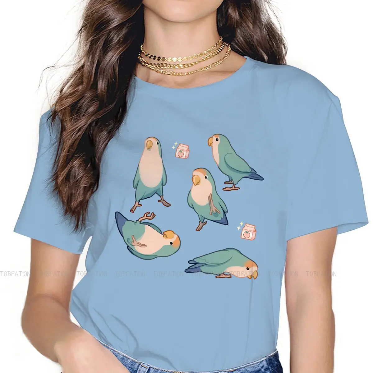Camiseta azul Playful Lovebirds para mujer, Tops básicos de loro para niña, Camiseta de cuello redondo para mujer, regalo de moda divertido 4XL