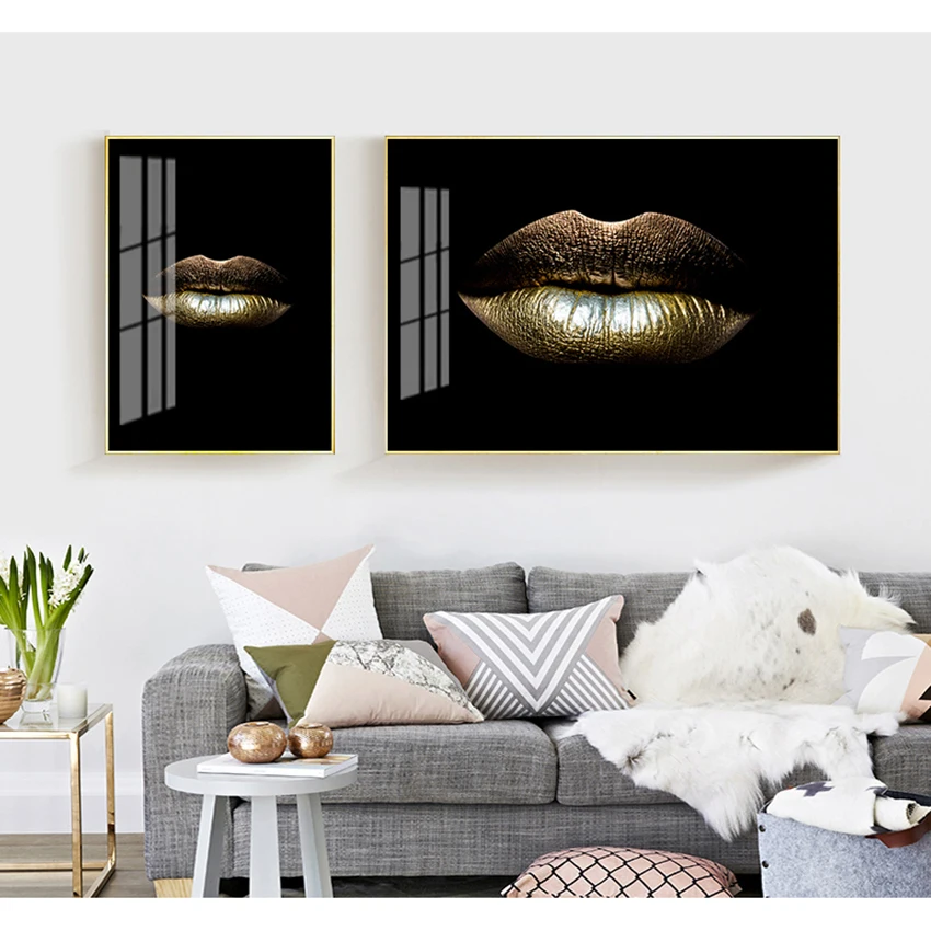 

Modern Bedroom Framework Modular Pictures Canvas Nordic Painting Prints Gold Lips Gradient Sexy Home Decor Posters Wall Artwork