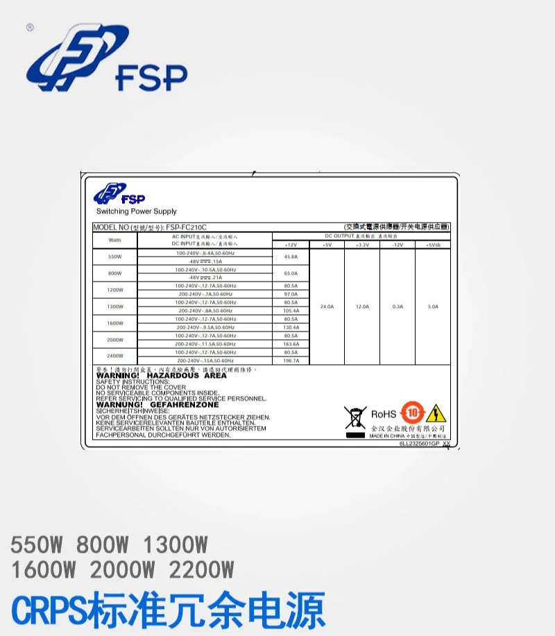Избыточный источник питания FSP Quanhan спецификация 1 + 1CRPS Двойной 550W800W 2U